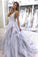 A Line Spaghetti Straps V Neck Silver Tulle Long Wedding Dresses with Rhinestones