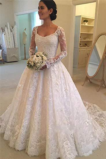 A Line Lace Applique Long Sleeve Sweetheart Covered Button Wedding Dresses