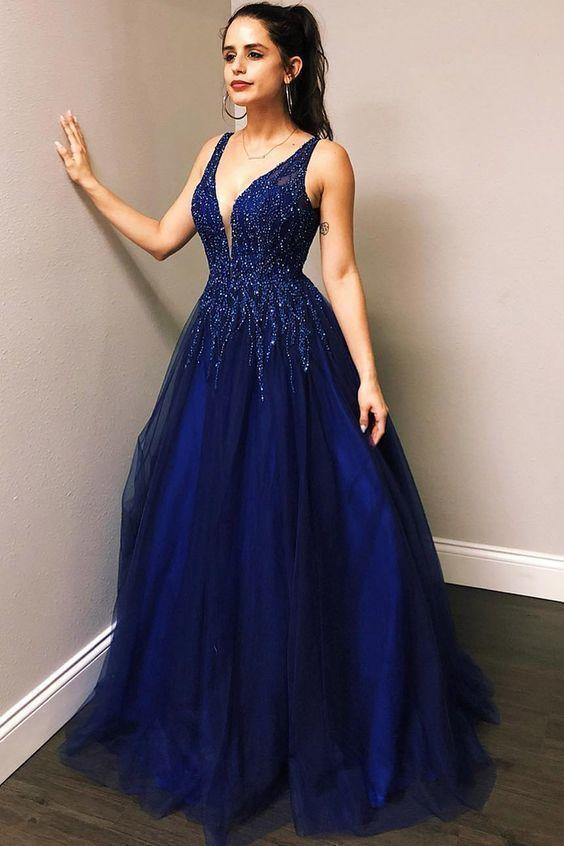 A Line Blue Tulle V Neck Prom Dresses with Beads Sleeveless Prom Dresses