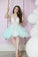 A Line Deep V Neck Tulle Lace Appliques Cute Short Prom Dresses Homecoming Dresses