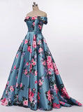 Elegant A-Line Off the Shoulder Sweetheart Lace up Satin with Flowers Prom Dresses