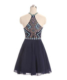 Dark Blue Beads Short Cute Halter Homecoming Dress with Sweet 16 Cocktail