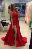 A Line Red Sleeveless V Neck with Side Split Floor Length Open Back Satin Prom Dresses