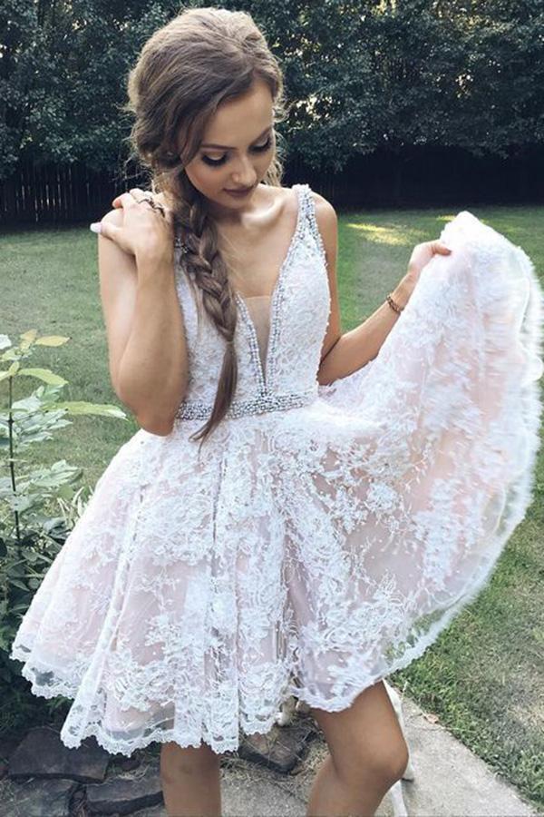 A Line Deep V-Neck Ivory Lace Beads Pink Satin Sleeveless Homecoming Dresses