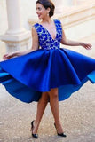 A-line V-neck Satin Backless Lace Royal Blue Homecoming Dresses