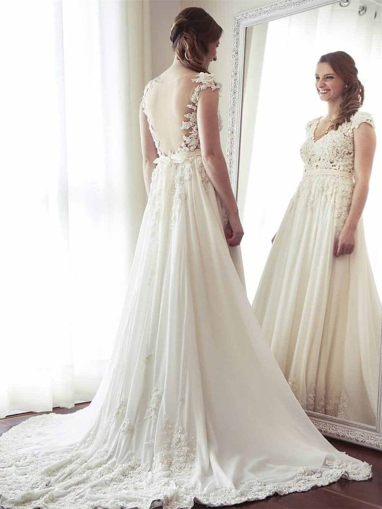 A-Line V-Neck Chiffon with Lace Appliqued Cap Sleeves Ivory Chapel Train Wedding Dresses