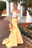 Two Piece Off-the-Shoulder White and Yellow Zipper V-Neck Mermaid Long Prom Dresses