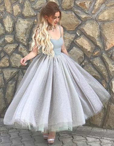 Simple A-Line Spaghetti Straps Gray Tulle Short Ball Gown Sweetheart Homecoming