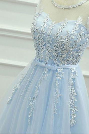 A-Line Appliques Light Sky Blue Cheap Short Tulle Homecoming Dress for Teens