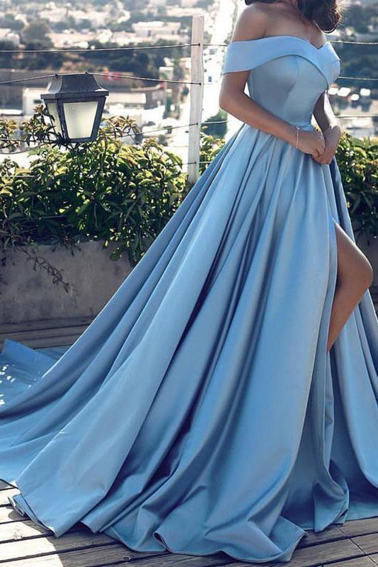 Blue Off-the-shoulder Ball Gown Split Princess Beach Quinceanera Dresses