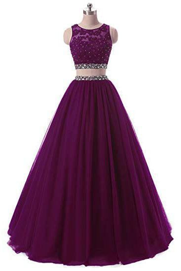 A Line Two Pieces Lace Sequins Beads Open Back Appliques Sleeveless Prom Dresses uk PW334