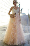 Sparkly A-line Pink Straps Beads Sweetheart Long Backless Appliques Prom Dresses