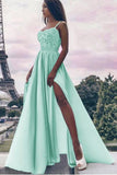 A Line Spaghetti Straps High Slit Sweetheart Chiffon Lace Appliques Prom Dresses