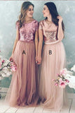 A Line Top Blush Sequin Lovely Two Piece Tulle Round Neck Cheap Bridesmaid Dresses