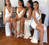 Sexy Mermaid Ivory V Neck Split Long Bridesmaid Dresses Sleeveless Prom Dresses