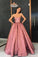 Unique Strapless A Line Long Pink Satin Floor Length With Pockets Prom Dresses