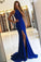 Royal Blue Long Mermaid Open Back Halter Slit Simple Cheap Prom Dresses