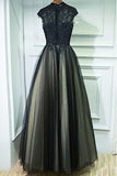 Vintage A Line Chic Long Black Lace Cap Sleeves High Neck Beads Appliques Prom Dresses