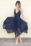 Navy Blue Deep V-neck Spaghetti Straps Sleeveless Asymmetry Lace A-line Bridesmaid Dress
