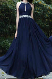 Sexy A-Line Beads Halter Cheap Royal Blue Simple Chiffon Backless Prom Dresses