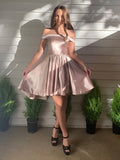 A-Line/Princess Off-the-Shoulder Satin Sleeveless Ruffles Short/Mini Homecoming Dresses TPP0004645