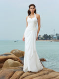 Sheath/Column Halter Pleats Sleeveless Long Chiffon Beach Wedding Dresses TPP0006542