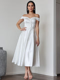 A-Line/Princess Satin Ruffles Off-the-Shoulder Sleeveless Tea-Length Wedding Dresses TPP0007025