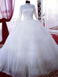 Ball Gown Lace Tulle High Neck Long Sleeves Chapel Train Wedding Dresses TPP0006420