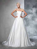 Ball Gown Strapless Ruched Sleeveless Long Satin Wedding Dresses TPP0006591
