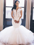 Trumpet/Mermaid Off-the-Shoulder Long Sleeves Applique Tulle Floor-Length Wedding Dresses TPP0006039