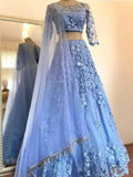 A-Line/Princess Tulle Applique Scoop 3/4 Sleeves Floor-Length Two Piece Dresses TPP0003456