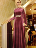 A-Line/Princess Long Sleeves Scoop Floor-Length Ruffles Velvet Muslim Dresses TPP0004467