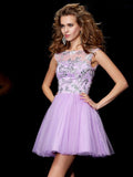 A-Line/Princess Bateau Short Sleeves Beading Short Satin Homecoming Dresses TPP0008722