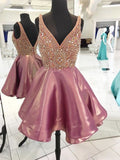 A-Line/Princess Sleeveless V-neck Satin Beading Short/Mini Dresses TPP0008307