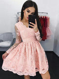 A-Line/Princess Lace Long Sleeves Applique V-neck Short/Mini Dresses TPP0008298