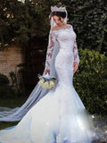 Trumpet/Mermaid Tulle Lace Off-the-Shoulder Long Sleeves Sweep/Brush Train Wedding Dresses TPP0006391