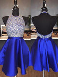 A-Line Halter Cut Short With Beading Satin Royal Blue Homecoming Dresses TPP0007998