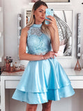 A-Line/Princess Satin Lace Sleeveless Halter Short/Mini Two Piece Homecoming Dresses TPP0004654
