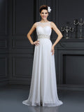 A-Line/Princess Bateau Ruffles Sleeveless Long Chiffon Wedding Dresses TPP0006616