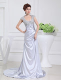 A-Line/Princess Scoop Long Beading Lace Elastic Woven Satin Dresses TPP0004340