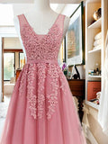 A-Line V-neck Cut Short With Applique Tulle Pink Homecoming Dresses TPP0008560