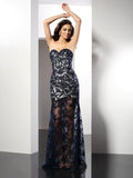 Sheath/Column Sweetheart Lace Sleeveless Long Satin Dresses TPP0009214