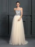 A-Line/Princess Sweetheart Beading Sleeveless Long Lace Dresses TPP0004205