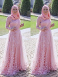 A-Line/Princess Long Sleeves Scoop Sweep/Brush Train Applique Tulle Muslim Dresses TPP0003810