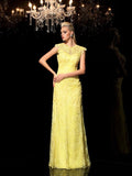 Sheath/Column Sheer Neck Lace Sleeveless Long Chiffon Dresses A201009255