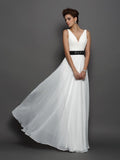 A-Line/Princess V-neck Sash/Ribbon/Belt Sleeveless Long Chiffon Wedding Dresses TPP0006331