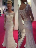 Sheath/Column Scoop Long Sleeves Lace Chiffon Sweep/Brush Train Wedding Dresses TPP0006259