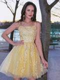 A-Line/Princess Tulle Spaghetti Straps Applique Sleeveless Short/Mini Homecoming Dresses TPP0004161