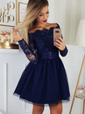 A-Line/Princess Tulle Applique Off-the-Shoulder Long Sleeves Short/Mini Homecoming Dress TPP0002741