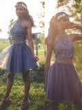 A-Line Halter Cut Short With Beading Tulle Silver Homecoming Dresses TPP0008565